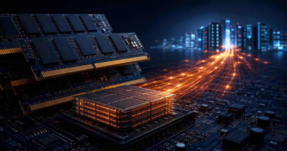 DRAM and HBM memory modules with data streams flowing toward an AI datacenter, illustrating AI demand absorbing memory capacity