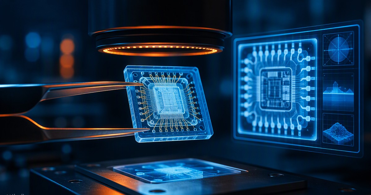X-ray inspection of a microchip in a QC lab revealing the internal die and bond wires