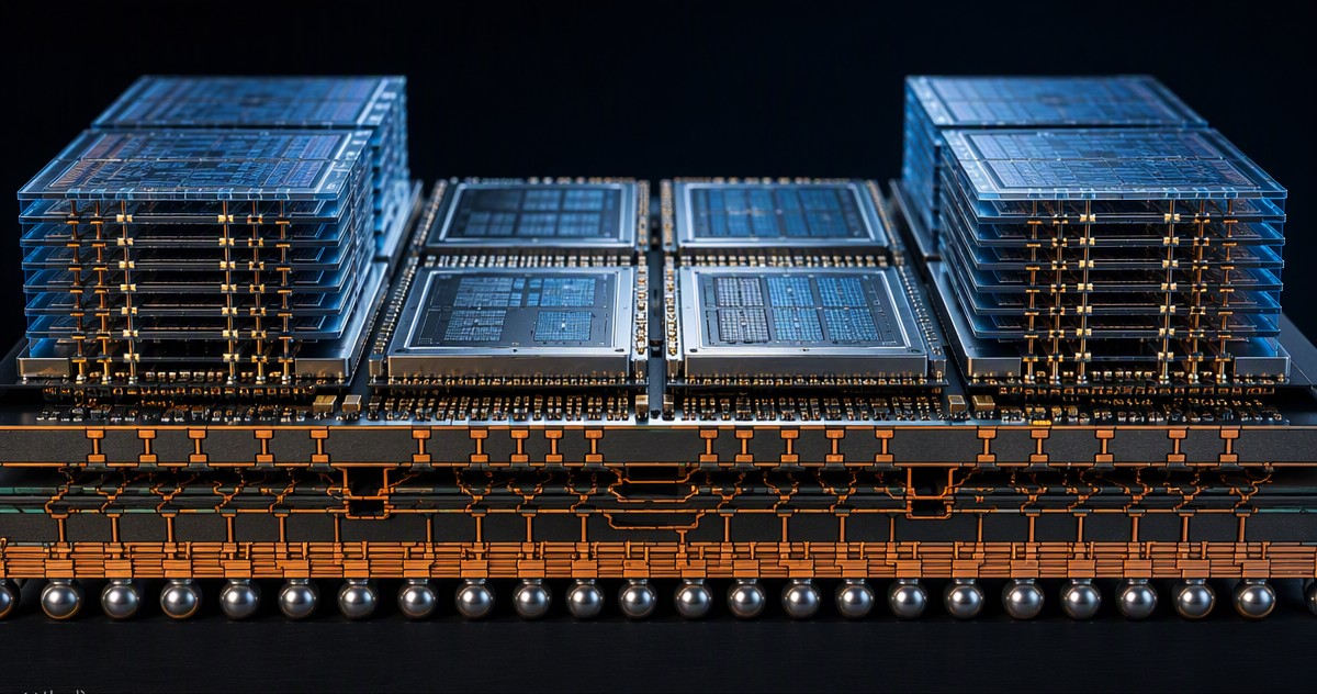 Cross-section of an advanced chiplet package showing GPU compute dies and HBM memory stacks on a silicon interposer