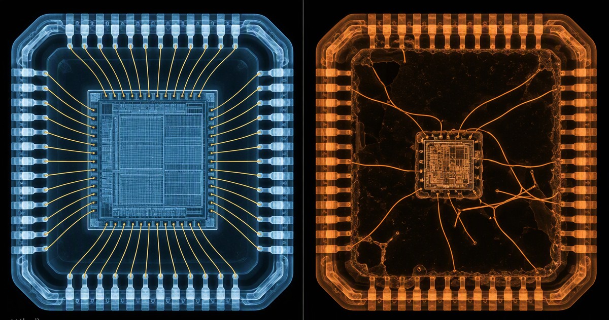 X-ray comparison of a genuine chip with intact die and symmetric bond wires versus a counterfeit with a wrong die and broken wires