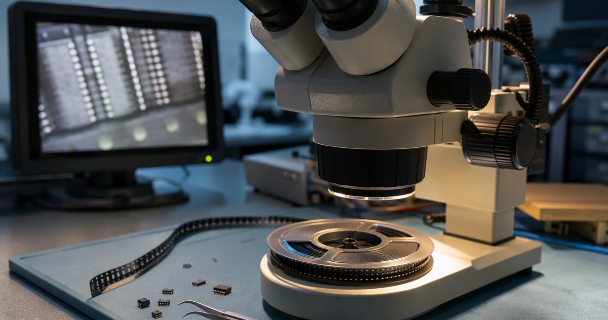 Quality control lab bench with a stereo microscope inspecting a reel of surface-mount components