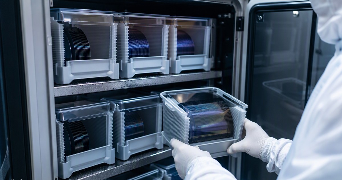 Silicon wafers stored in carrier boxes inside a nitrogen dry cabinet at a semiconductor facility