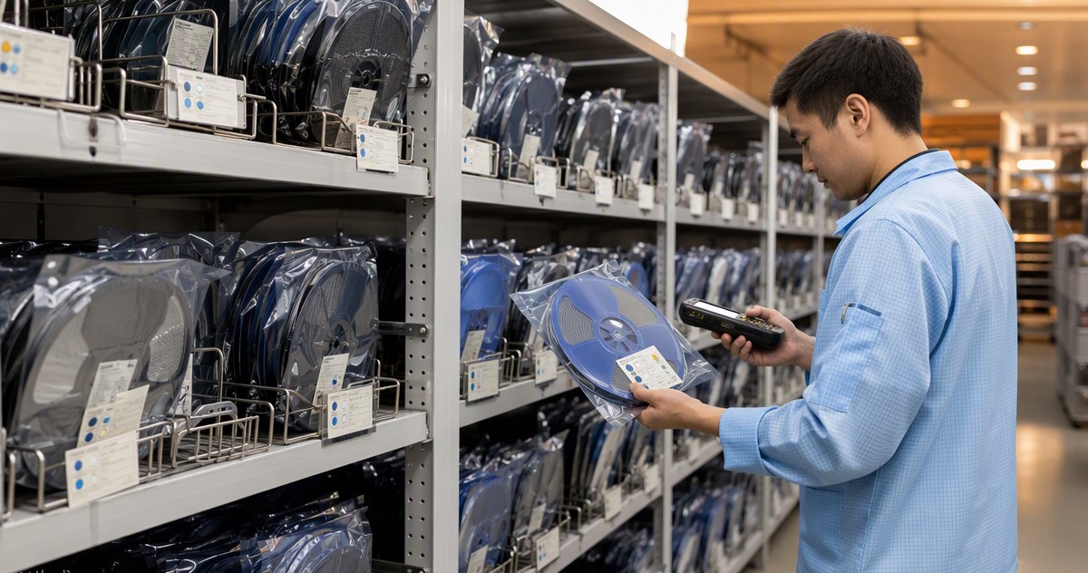 Worker in ESD smock scanning sealed anti-static component reels in a humidity-controlled warehouse