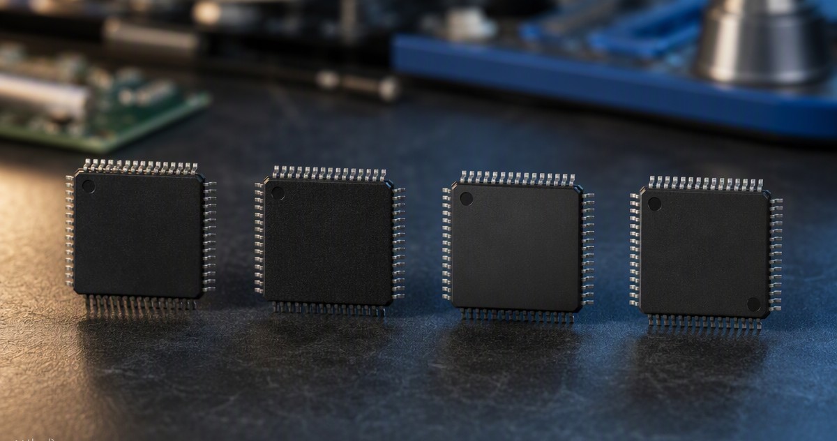 Four pin-compatible 48-pin QFP microcontroller chips standing in a row on an ESD workbench