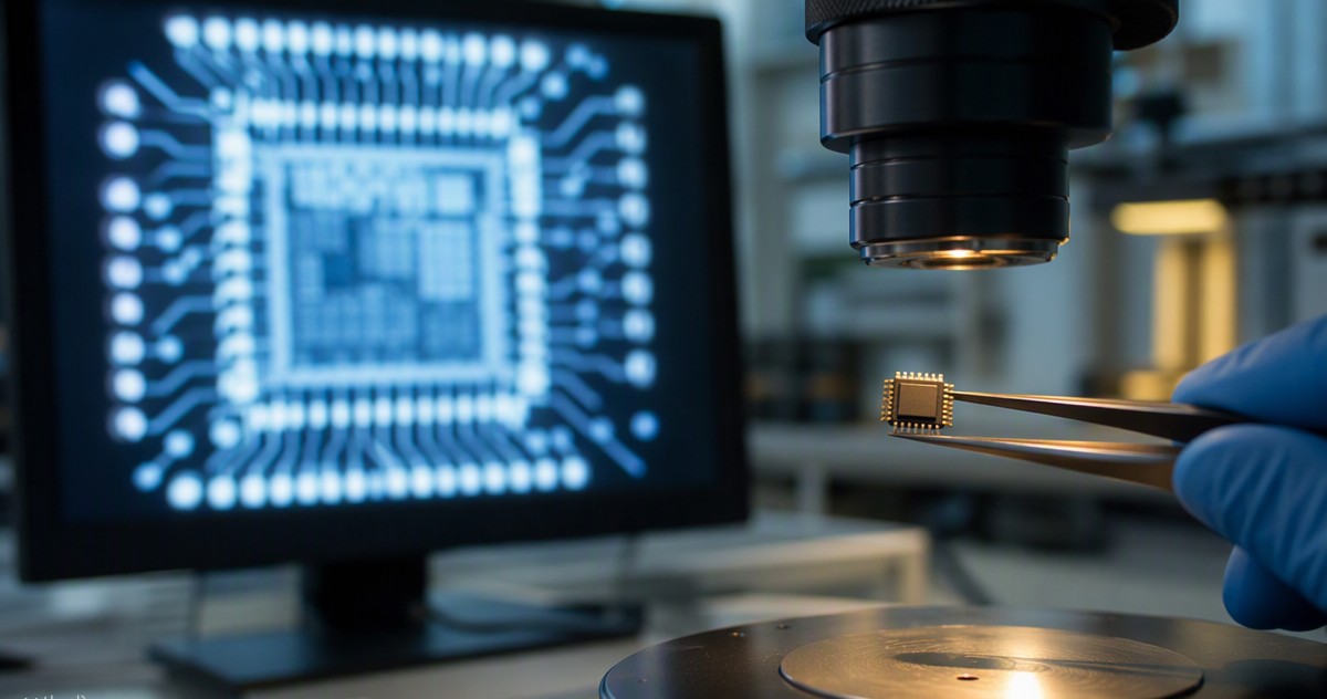 A microcontroller chip held in tweezers under a microscope with an X-ray image of its die on a monitor